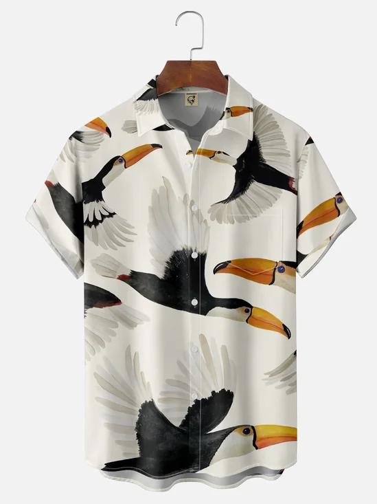 Moisture-wicking Toucan Flying Art Chest Pocket Hawaiian Shirt