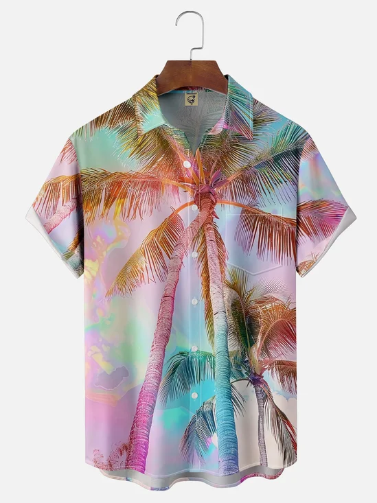 Moisture-wicking Dreamy Island Coconut Tree Chest Pocket Hawaiian Shirt