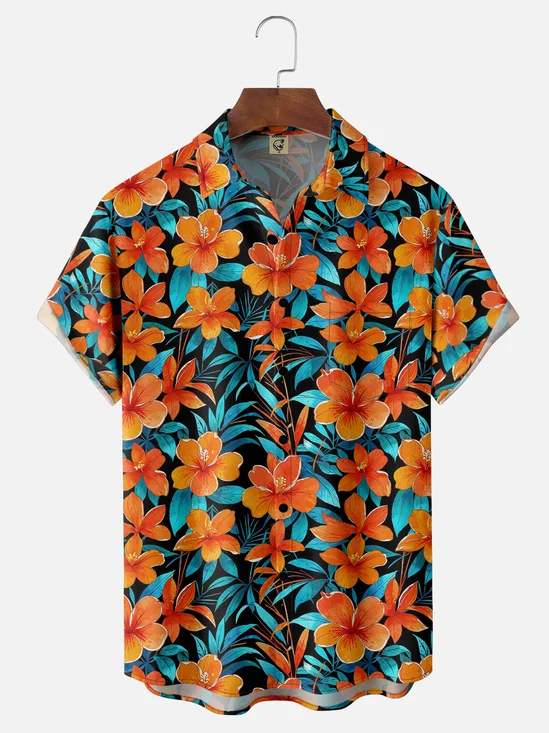 Moisture Wicking Tropical Floral Chest Pocket Hawaiian Shirt