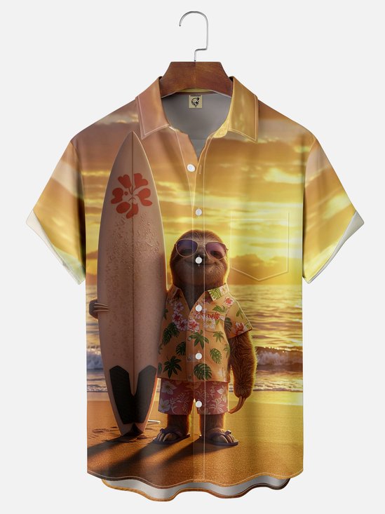Moisture Wicking Surf Sloth Chest Pocket Hawaiian Shirt