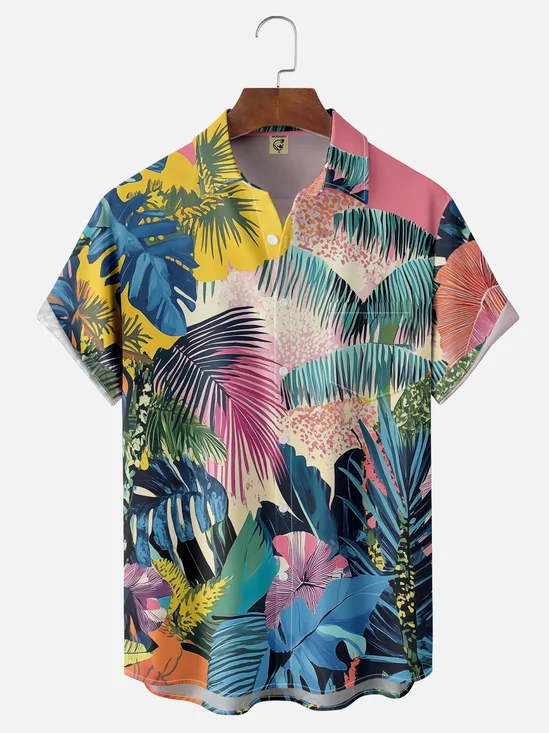 Moisture Wicking Tropical Floral Chest Pocket Hawaiian Shirt