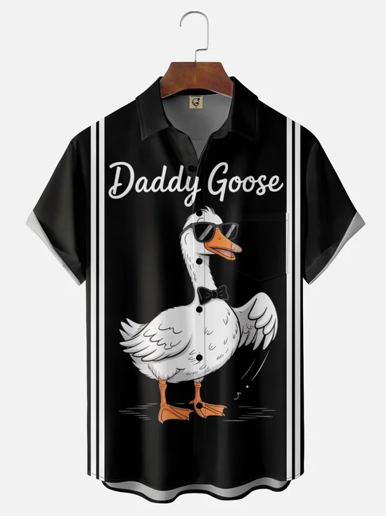 Moisture Wicking Striped Daddy Goose Chest Pocket Bowling Shirt