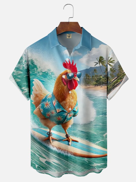 Moisture-wicking Summer Chicken Surf Beach Chest Pocket Hawaiian Shirt