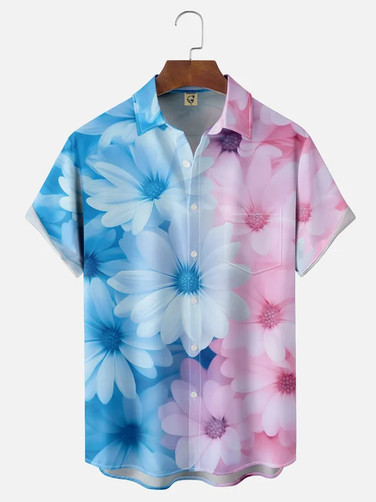 Moisture Wicking Gradient Floral Chest Pocket Hawaiian Shirt
