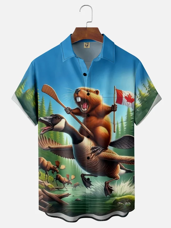 Moisture Wicking Canada Groundhog Maple Leaf Chest Pocket  Hawaiian Shirt