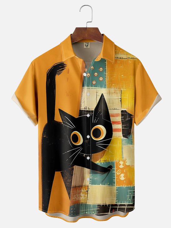 Moisture-wicking Art Black Cat Chest Pocket Casual Shirt