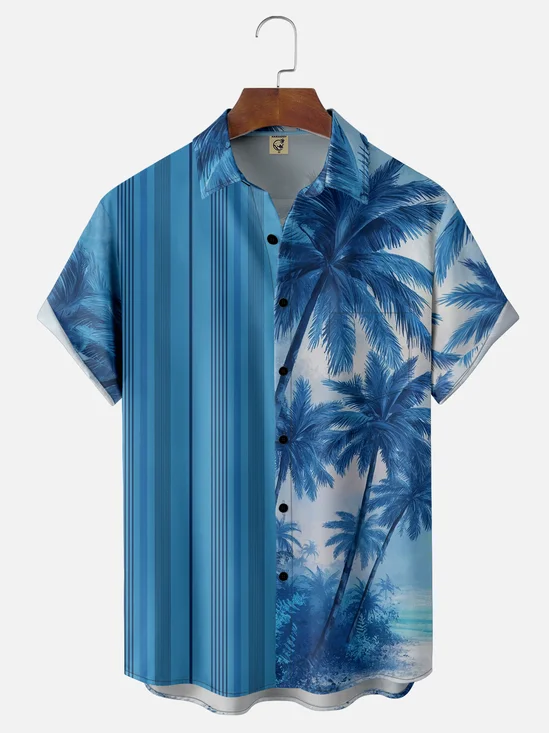 Moisture Wicking Ombre Abstract Stripes Coconut Tree Chest Pocket Hawaiian Shirt