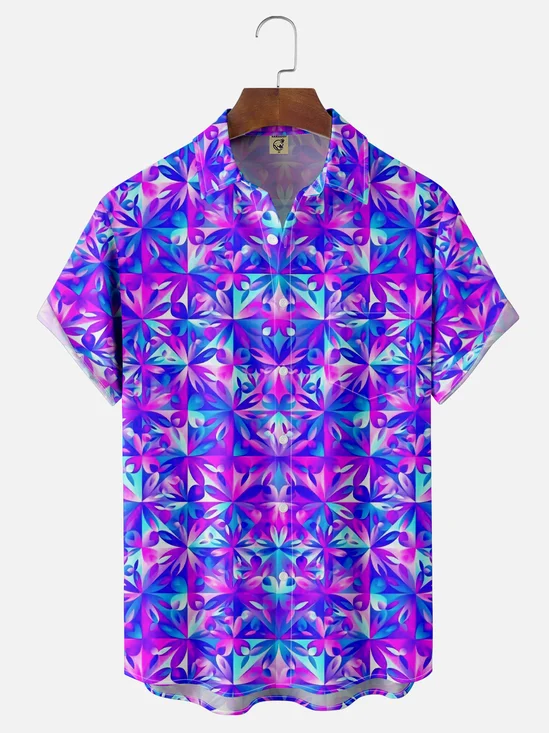 Moisture Wicking Gradient Abstract Geometric Chest Pocket Hawaiian Shirt