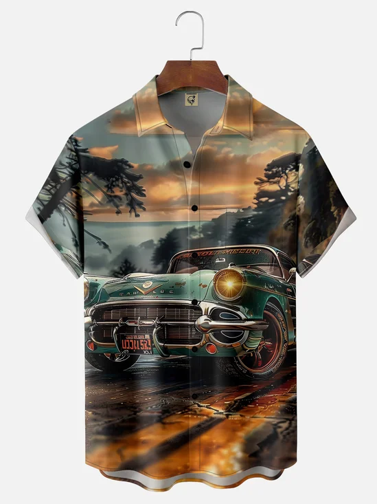 Moisture-wicking Retro Art Classic Car Chest Pocket Casual Shirt