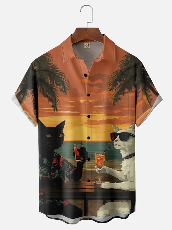 Moisture Wicking Holiday Black and White Cat Chest Pocket Hawaiian Shirt