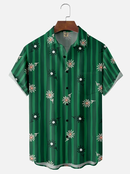 Moisture Wicking Geometric Floral Chest Pocket Hawaiian Shirt
