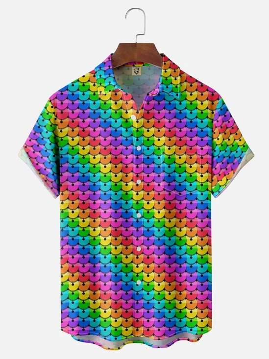 Moisture Wicking Gradient Stripe Polka Dot Chest Pocket Hawaiian Shirt