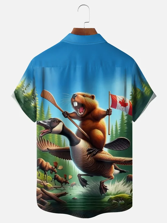 Moisture Wicking Canada Groundhog Maple Leaf Chest Pocket  Hawaiian Shirt