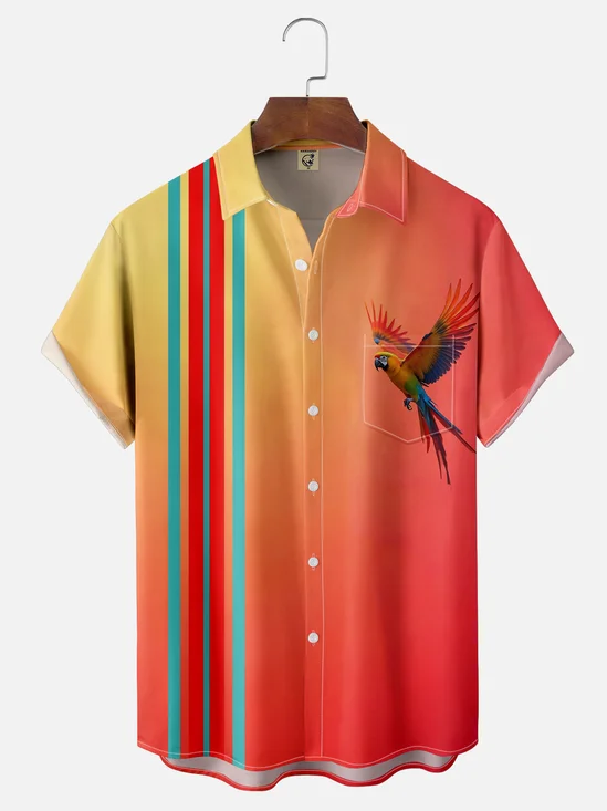 Moisture-wicking Avant-garde Parrot Flying Art Chest Pocket Bowling Shirt