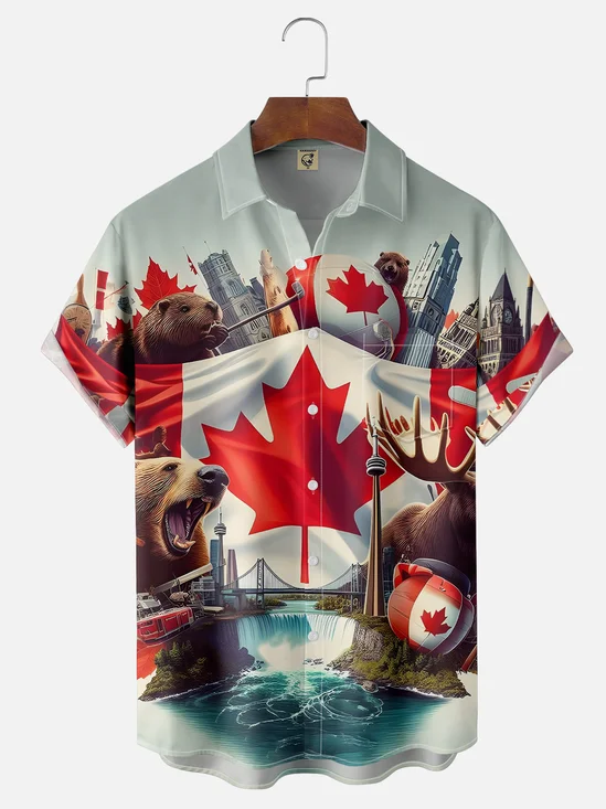 Moisture-wicking Canada Day Flag Art Chest Pocket Casual Shirt