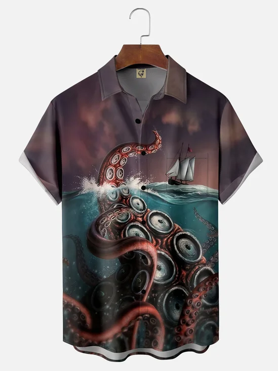 Moisture-wicking Giant Ocean Octopus Chest Pocket Hawaiian Shirt