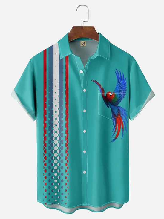 Moisture-wicking Fun Avant-garde Parrot Print Art Chest Pocket Bowling Shirt