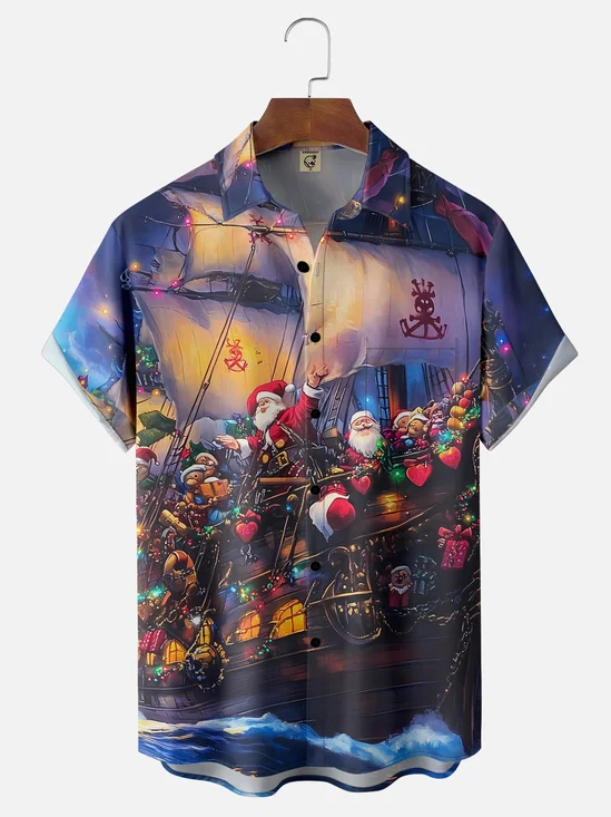 Moisture-wicking Pirate Ship Santa Claus Chest Pocket Casual Shirt