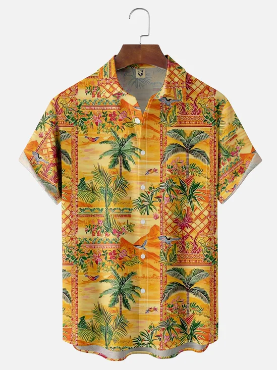 Moisture-wicking Mediterranean Italian Style Palm Tree Chest Pocket Hawaiian Shirt