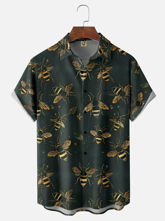 Moisture-wicking Fun Bee Print Art Chest Pocket Hawaiian Shirt