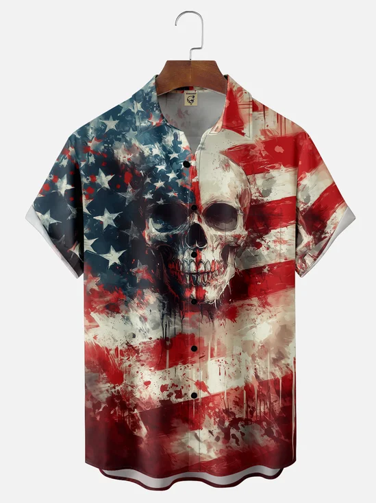 Moisture Wicking American Flag Skull Chest Pocket Hawaiian Shirt