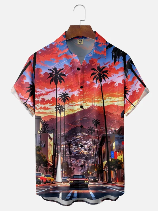 Moisture Wicking Coconut Tree Sunset Landscape Chest Pocket Hawaiian Shirt