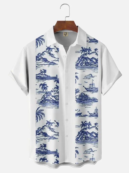 Moisture-wicking Palm Tree Chest Pocket Bowling Shirt