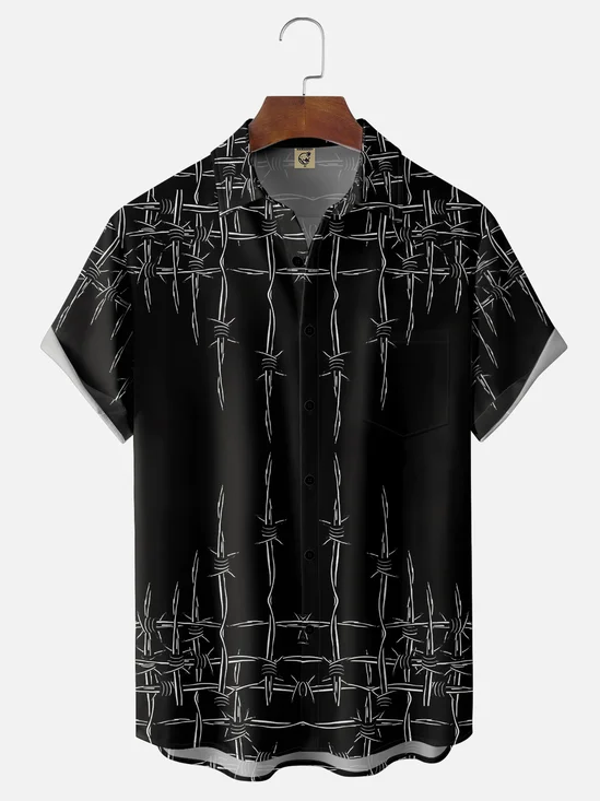 Moisture Wicking Abstract Geometric Barbed Wire Chest Pocket Hawaiian Shirt
