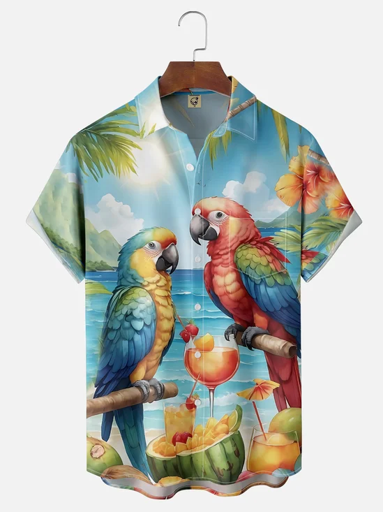 Moisture-wicking Summer Parrot Beach Cocktail Vacation Chest Pocket Hawaiian Shirt