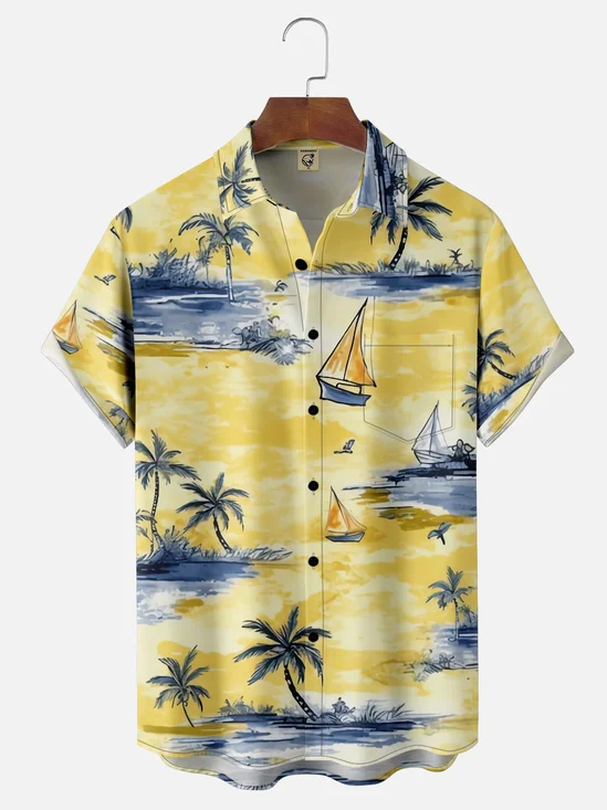 Moisture-wicking Coconut Tree Sailboat Chest Pocket Hawaiian Shirt