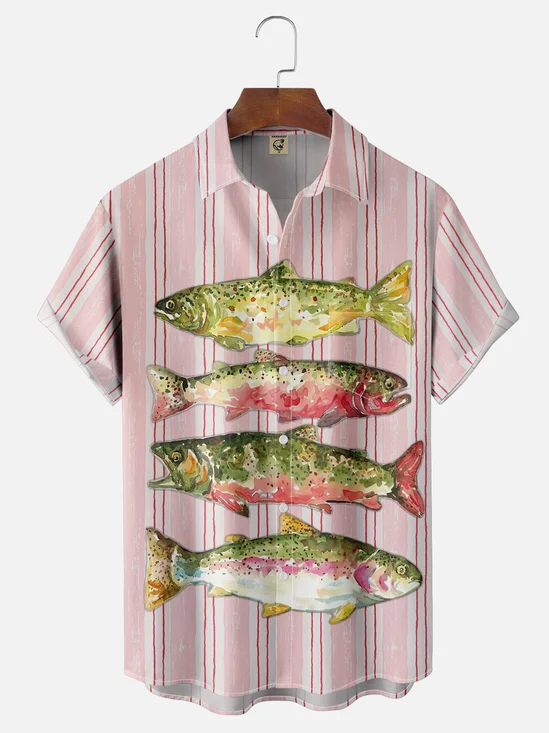Moisture Wicking Abstract Gradient Geometric Illustration Fish Chest Pocket Hawaiian Shirt