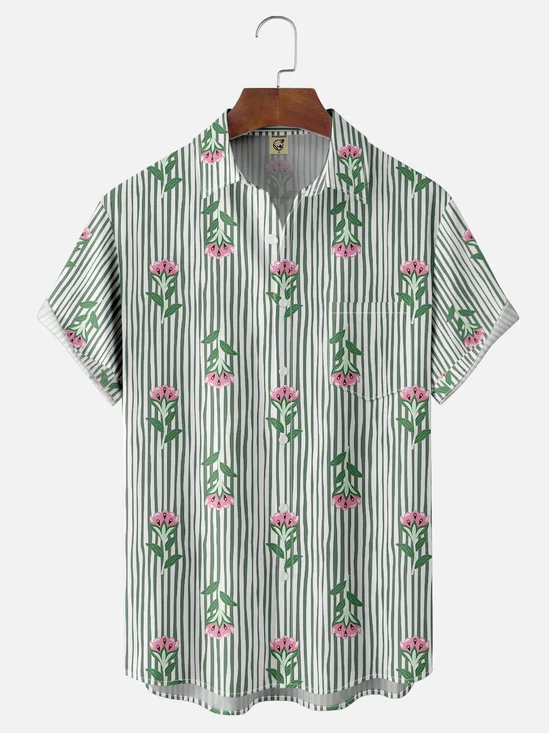Moisture-wicking Floral Stripes Young Chest Pocket Hawaiian Shirt