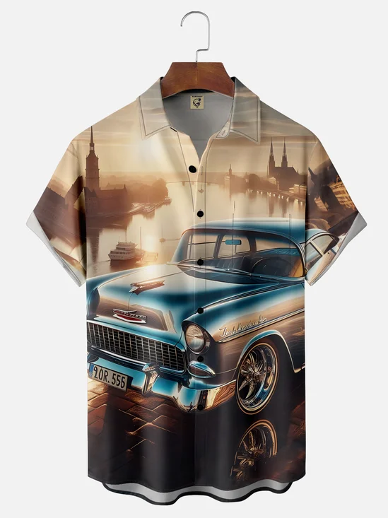 Moisture-wicking Retro Classic Car Art Chest Pocket Casual Shirt