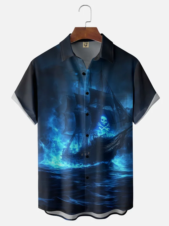 Moisture-wicking Pirate Ship Skeleton Chest Pocket Casual Shirt