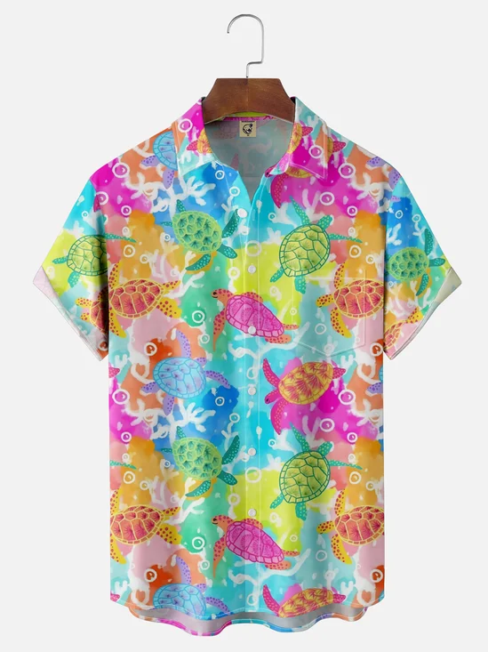 Moisture Wicking Contrast Turtle Chest Pocket Hawaiian Shirt