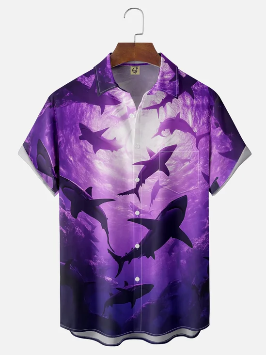 Moisture-wicking Ocean Shark Chest Pocket Hawaiian Shirt