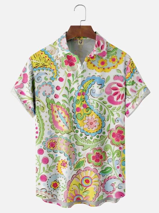 Moisture Wicking Ombre Abstract Paisley Flower Chest Pocket Hawaiian Shirt