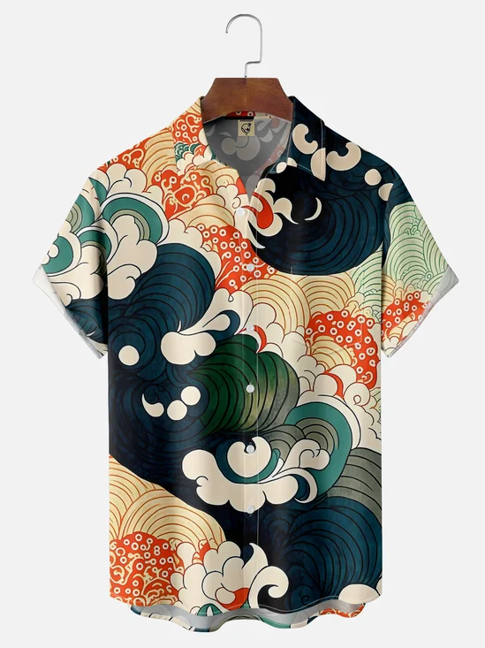 Moisture-wicking Japanese Wave Ukiyo-e Art Chest Pocket Casual Shirt