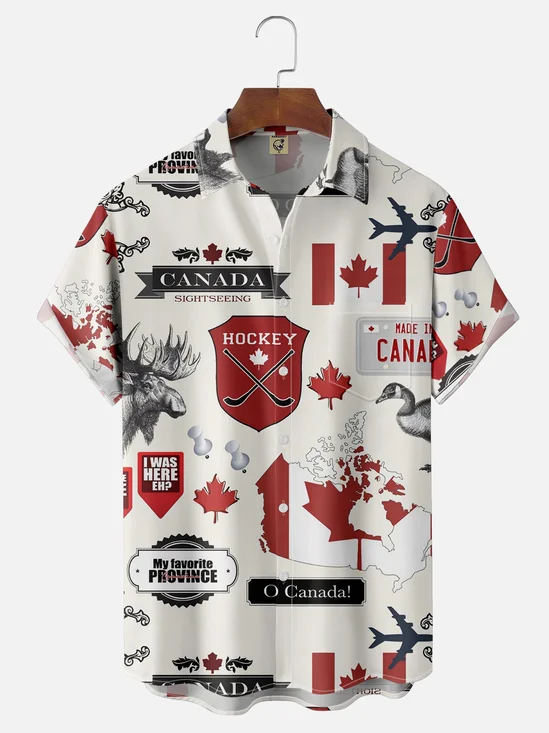 Moisture Wicking Canada Day Elk Maple Leaf Map Chest Pocket Hawaiian Shirt