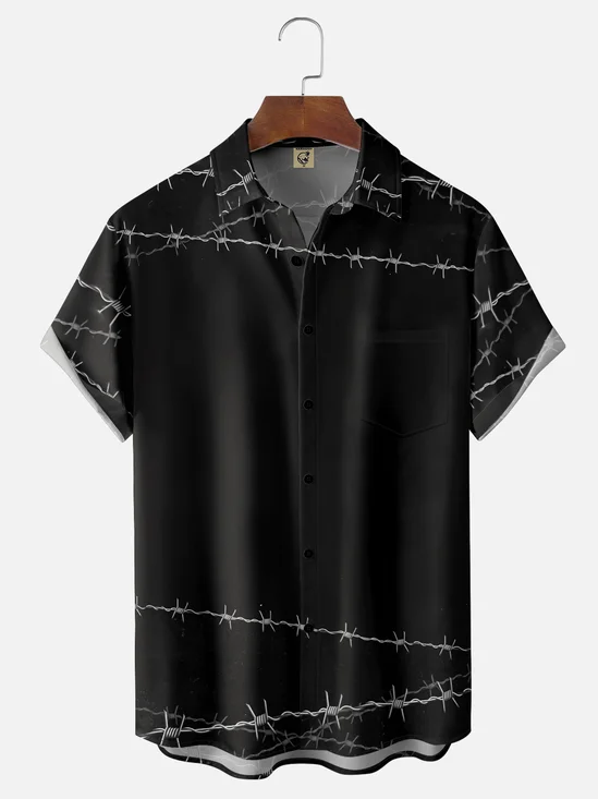 Moisture Wicking Abstract Geometric Barbed Wire Chest Pocket Hawaiian Shirt