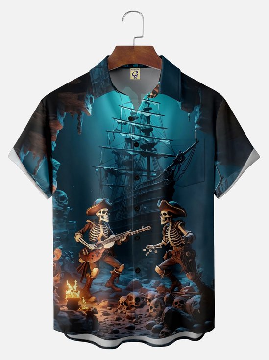 Big Size Moisture-wicking Pirate Music Guitar Chest Pocket Casual Shirt