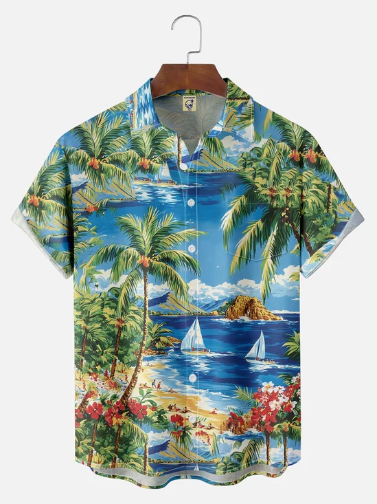 Big Size Moisture-wicking Palm Tree Chest Pocket Hawaiian Shirt