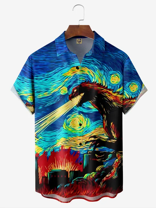Tall Size Moisture-wicking Movie Monster Chest Pocket Short Sleeve Casual Shirt