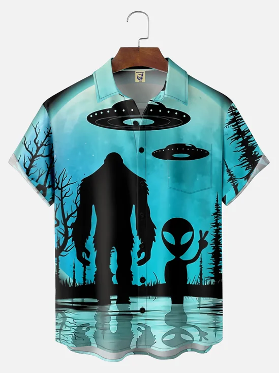Big Size Moisture-wicking Big Foot Alien Chest Pocket Casual Shirt