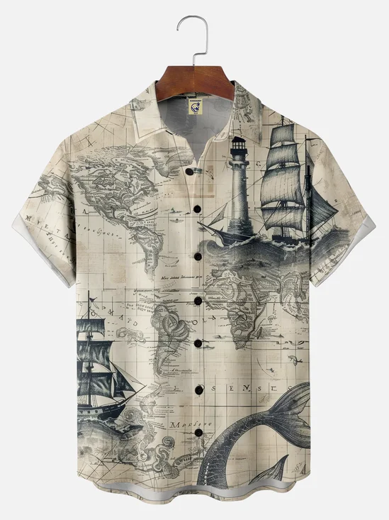 Big Size Moisture-wicking Ocean Map Sailboat Lighthouse Chest Pocket Casual Shirt