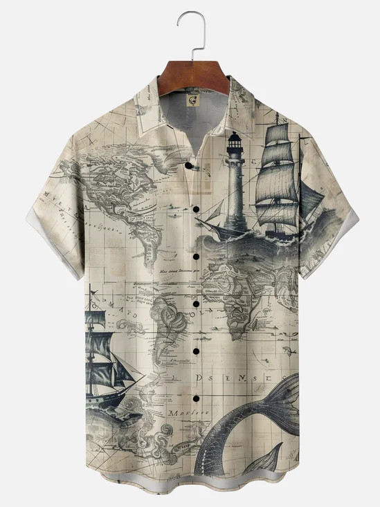 Tall Size Moisture-wicking Ocean Map Sailboat Lighthouse Chest Pocket Casual Shirt
