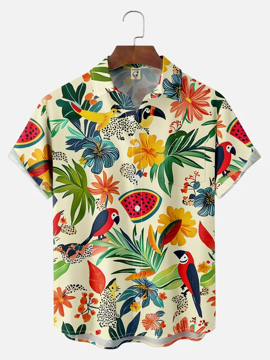 Big Size Moisture-wicking Tropical Palm Tree Parrots Chest Pocket Hawaiian Shirt