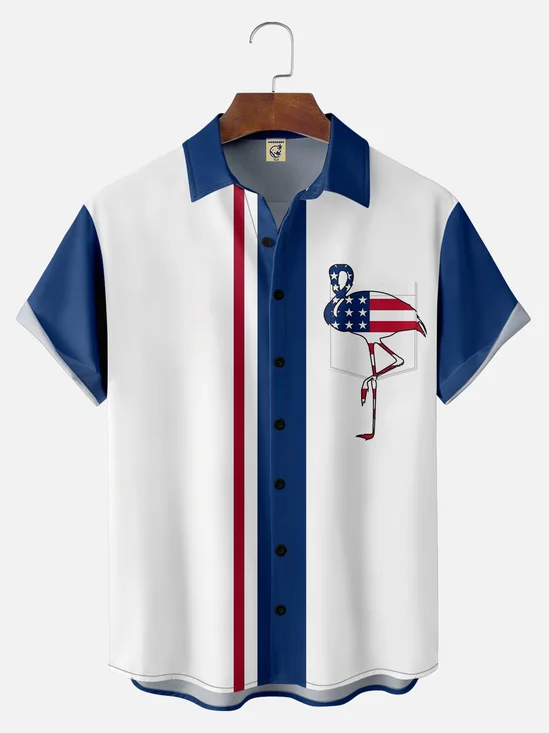 Big Size Moisture-wicking Flamingo Chest Pocket Bowling Shirt