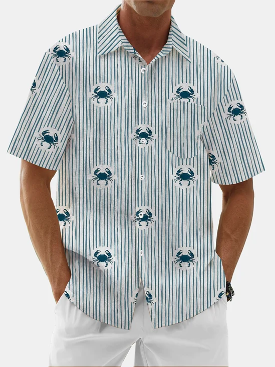 Moisture Wicking Striped Crab Chest Pocket Hawaiian Shirt
