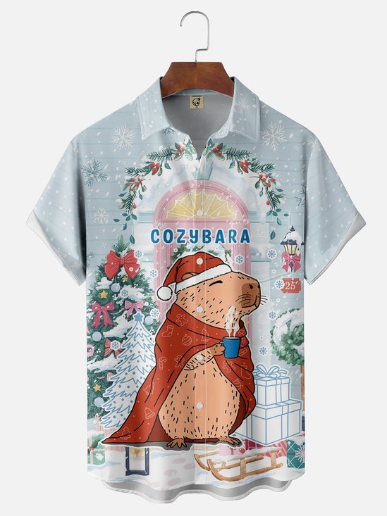 Hardaddy X Artist Kimprut Imut Moisture-wicking Christmas Santa Capybara Chest Pocket Hawaiian Shirt